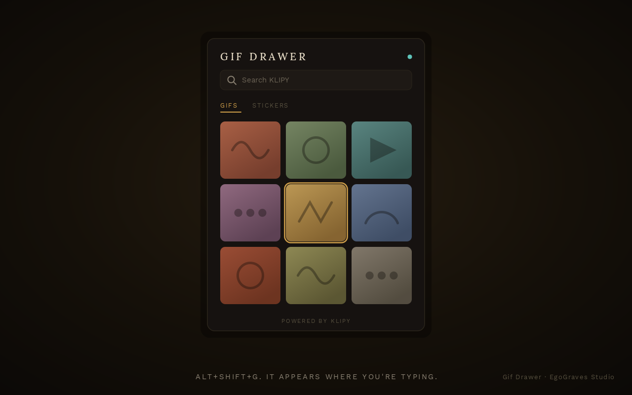 The Gif Drawer picker panel: search, content tabs, and a grid of results