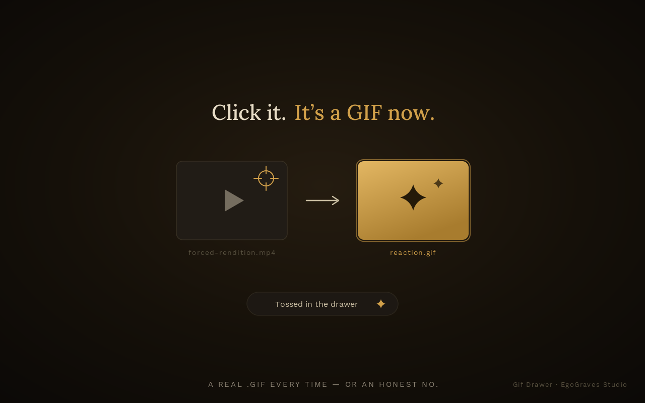 Save Anywhere: an mp4 becoming a real .gif, with the 'Tossed in the drawer' toast
