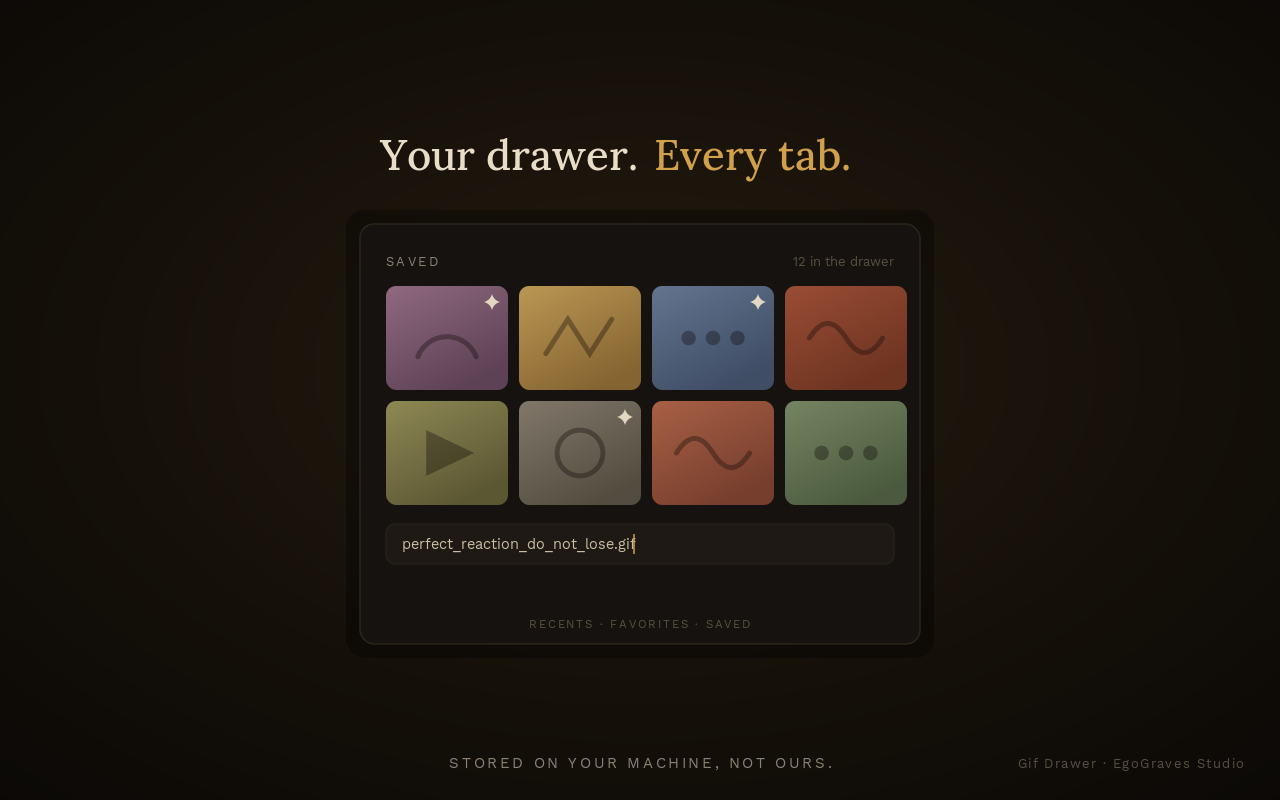 The saved drawer: a grid of saved GIFs with favorites and renaming