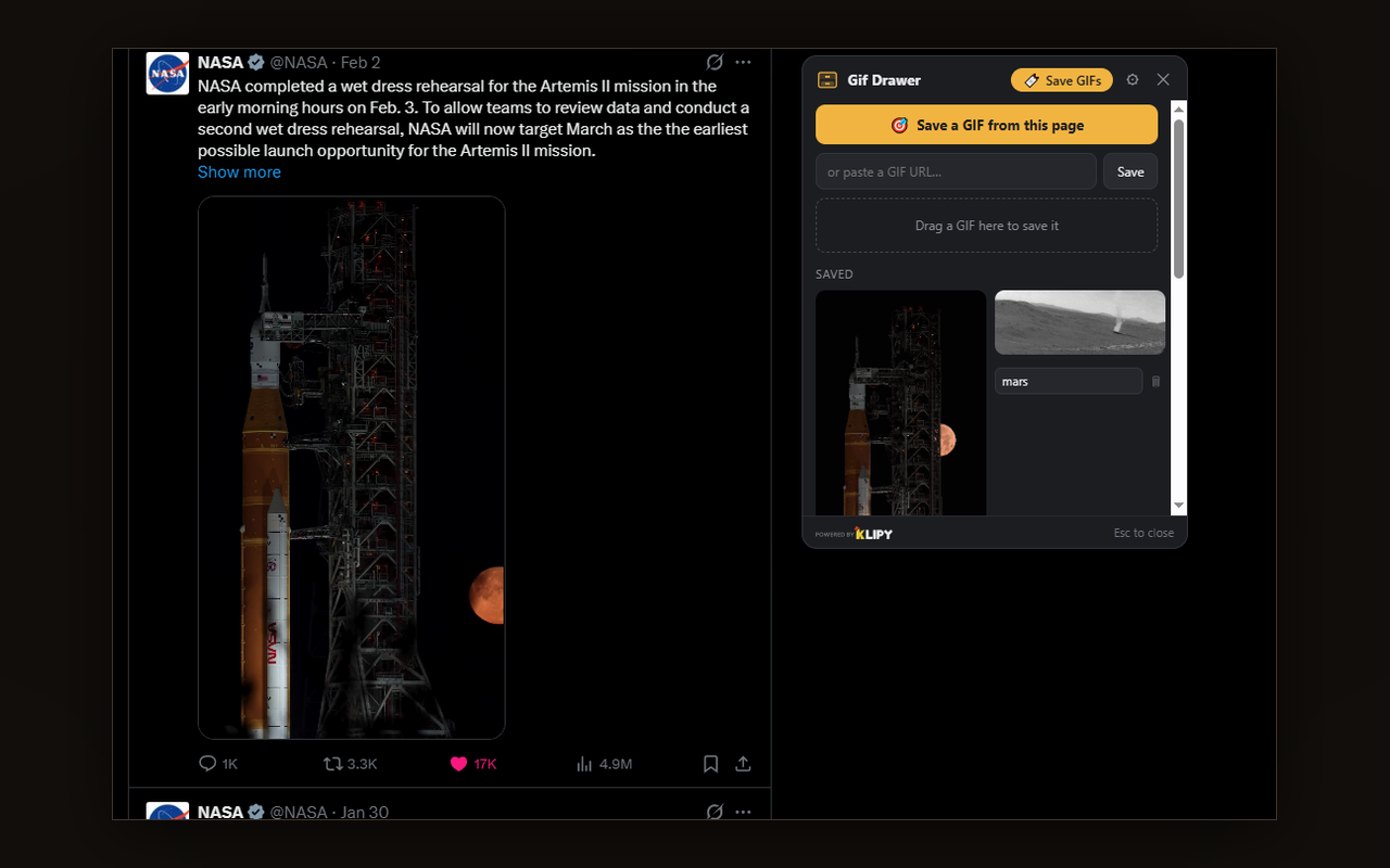 The Gif Drawer save panel open on a post, with a saved GIF sitting in the drawer being renamed