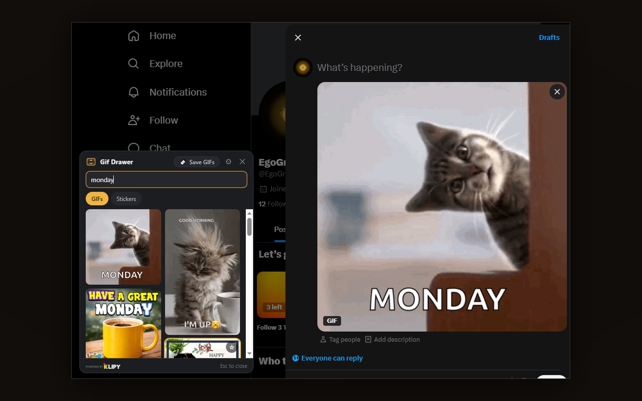 The Gif Drawer picker open beside an X composer, with the chosen GIF already attached to the post